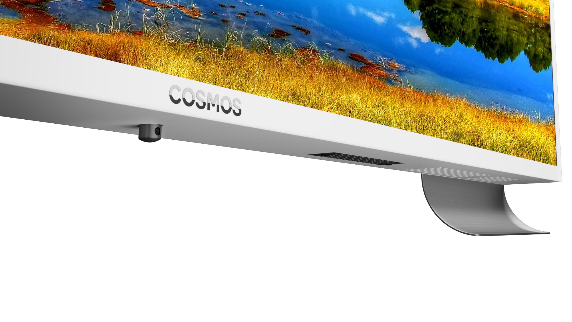 Cosmos TV with a white matte finish, exhibiting a clean, modern design and high-end technology.