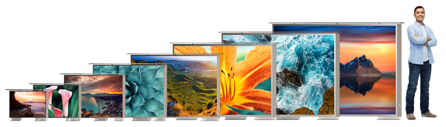 Different sizes of Cosmos Outdoor TVs were lined up, showcasing their versatility and adaptability for various outdoor spaces.