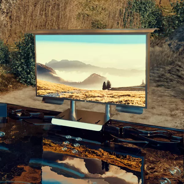 Hot tub mounted outdoor TV on a classy table in an open field background.