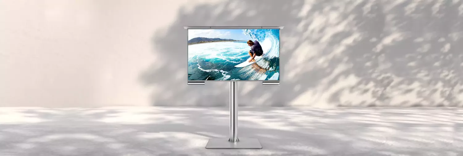 Floor-mounted, self-standing outdoor TV from Kuwait presents a man skating.