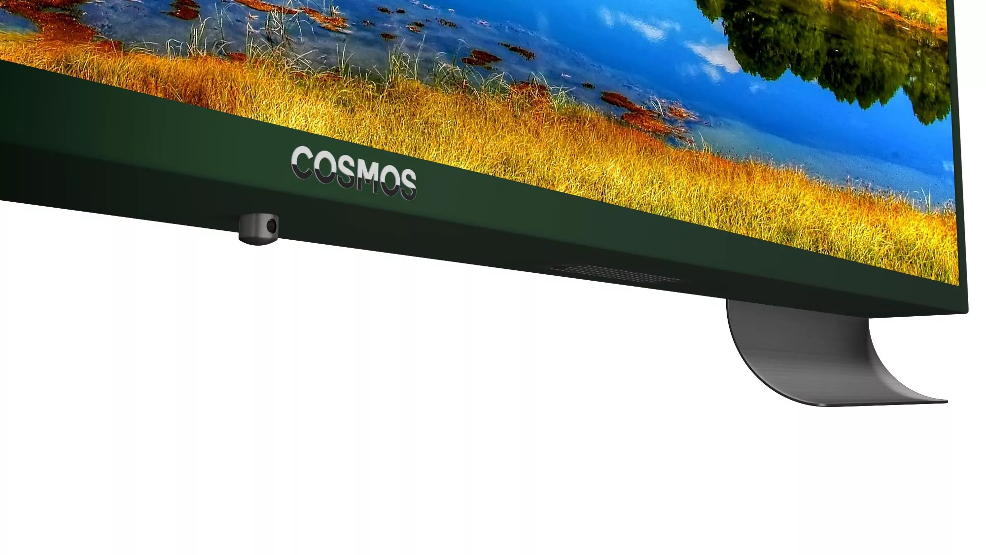 Cosmos outdoor tv with a matte moss green stainless steel frame in a white area in Bahrain.